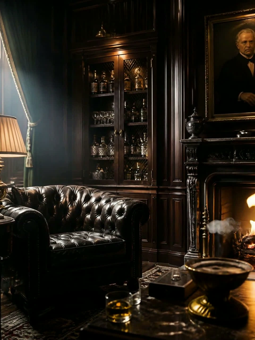 Dark walnut estate library with leather armchair and firelight