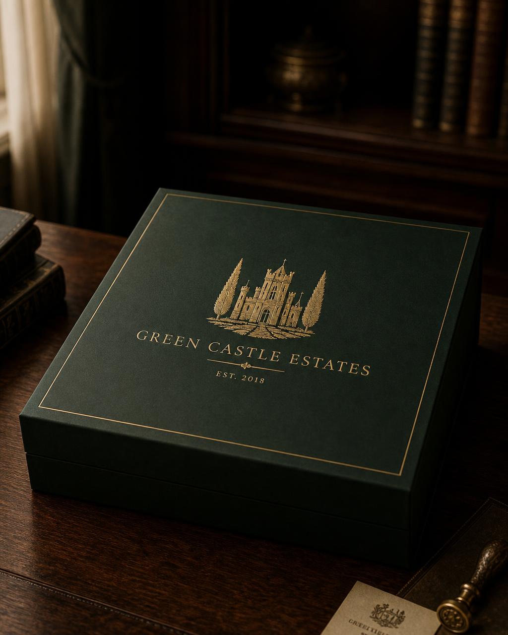 Green Castle estate packaging — forest green box with gold castle crest